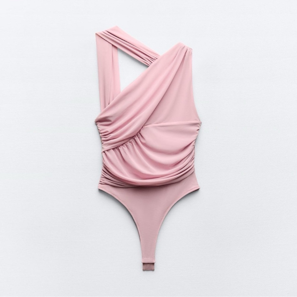 NWT!! Zara Pink Tulle Asymmetrical Draped Bodysuit